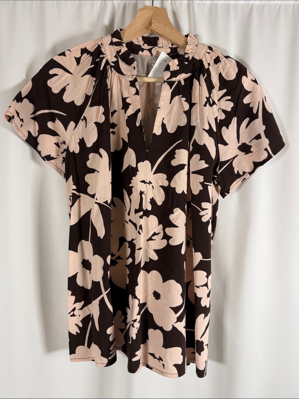 LOFT Black and Blush Floral Short-Sleeve Ruffle-Neck Blouse